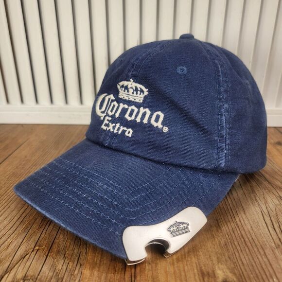 Corona Extra Bottle Opener Strapback Hat Cap Blue Canvas Cerveza Beer Crown 2008 - Picture 1 of 12